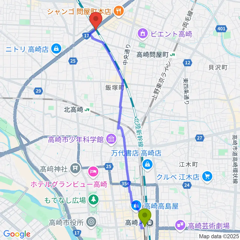 高崎駅からピアノプラザ群馬ぴあの館へのルートマップ地図