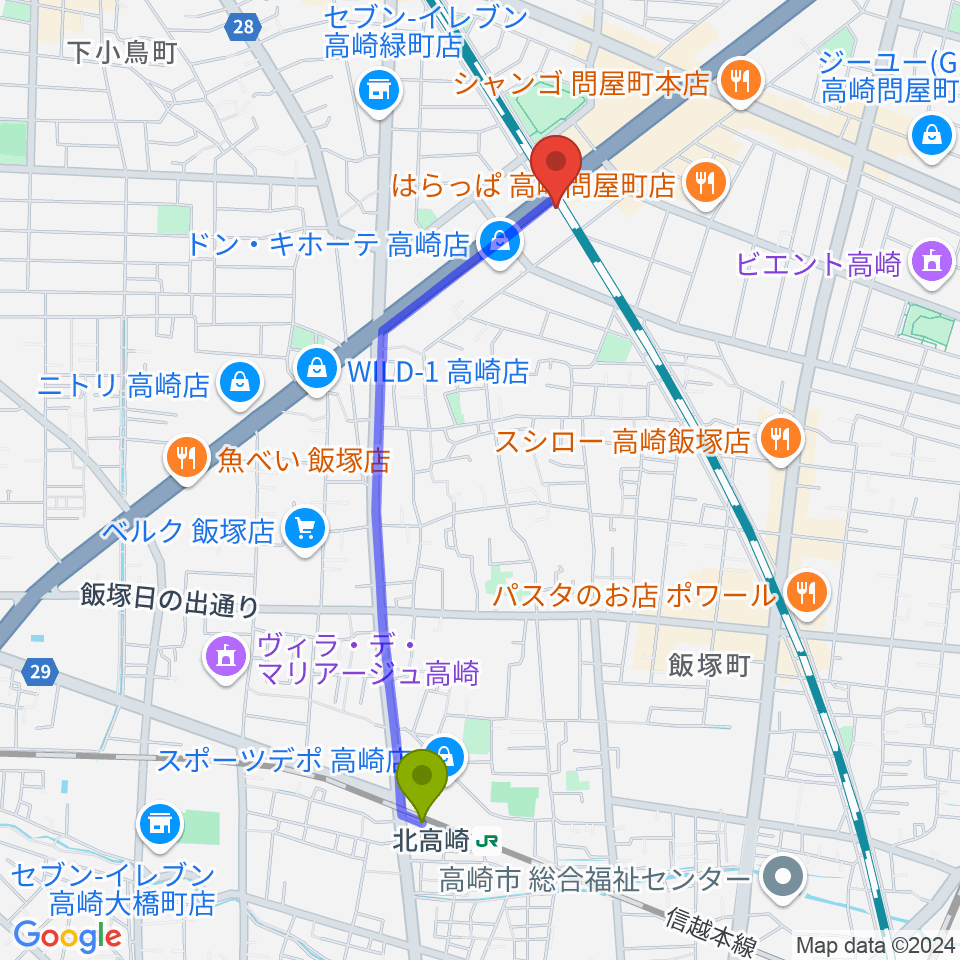 ピアノプラザ群馬ぴあの館の最寄駅北高崎駅からの徒歩ルート（約20分）地図