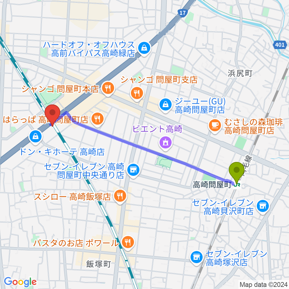 高崎問屋町駅からピアノプラザ群馬ぴあの館へのルートマップ地図