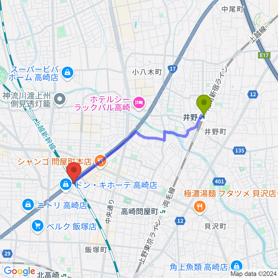 井野駅からピアノプラザ群馬ぴあの館へのルートマップ地図