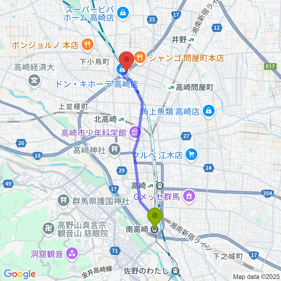 南高崎駅からピアノプラザ群馬ぴあの館へのルートマップ地図