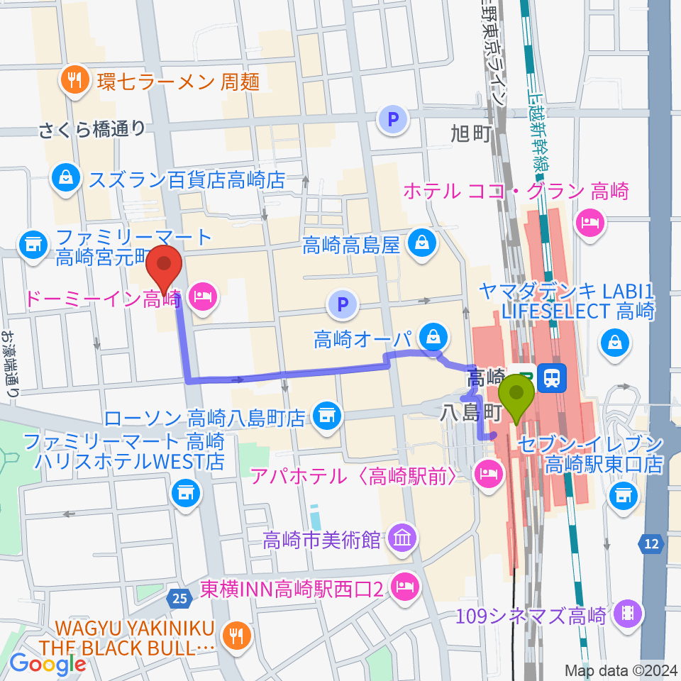 シネマテークたかさきの最寄駅高崎駅からの徒歩ルート（約8分）地図