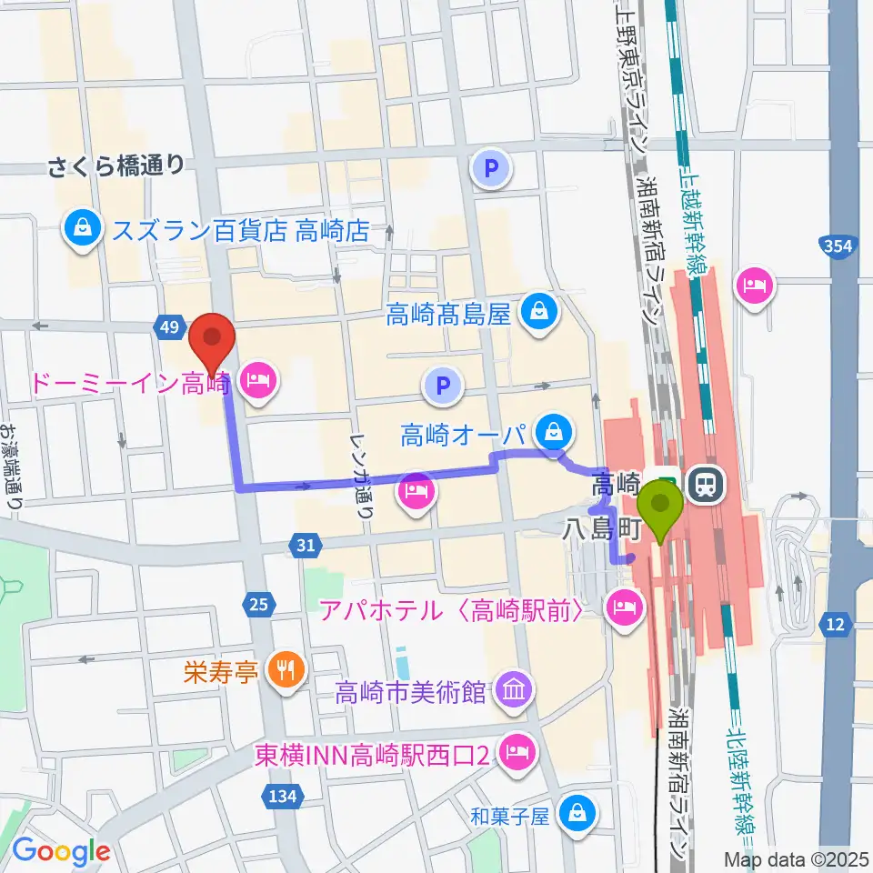 シネマテークたかさきの最寄駅高崎駅からの徒歩ルート（約8分）地図