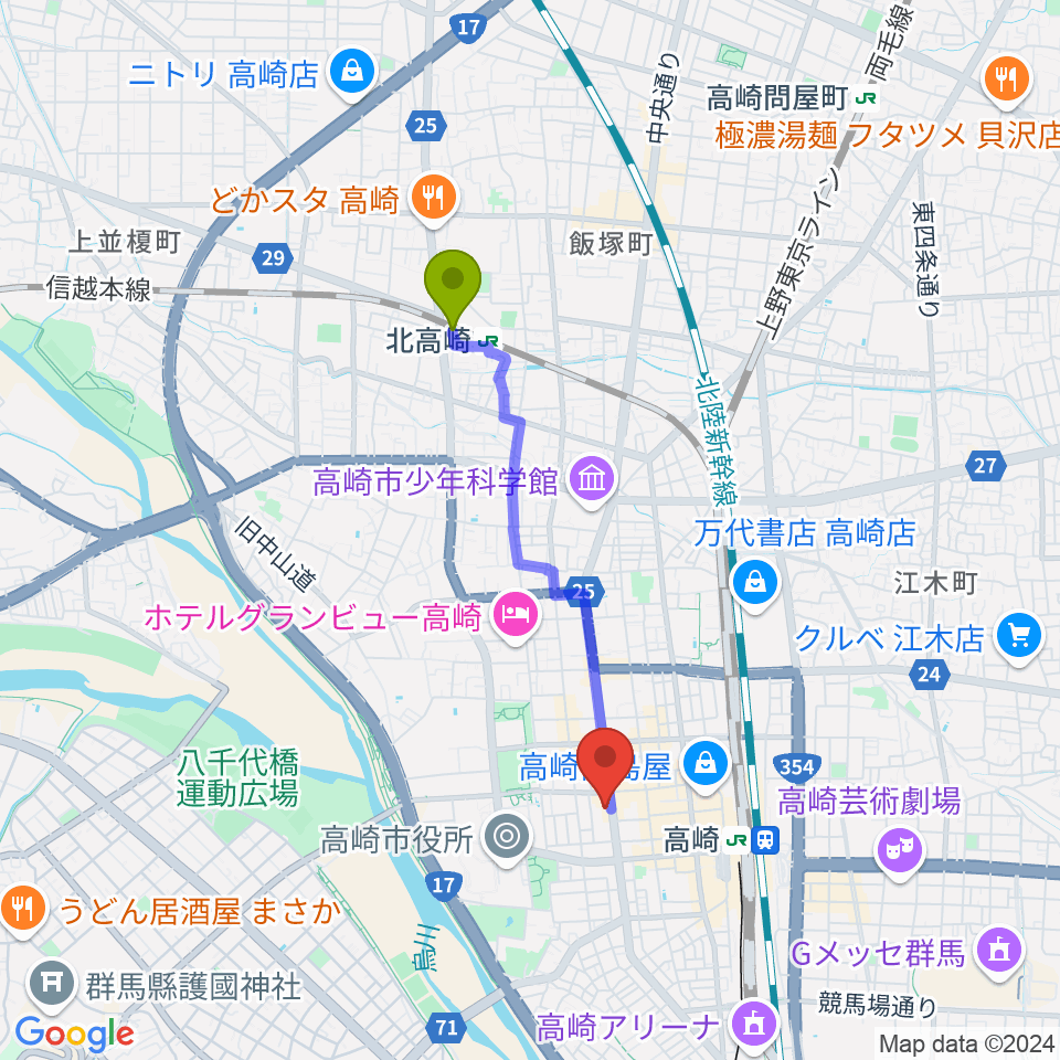 北高崎駅からシネマテークたかさきへのルートマップ地図