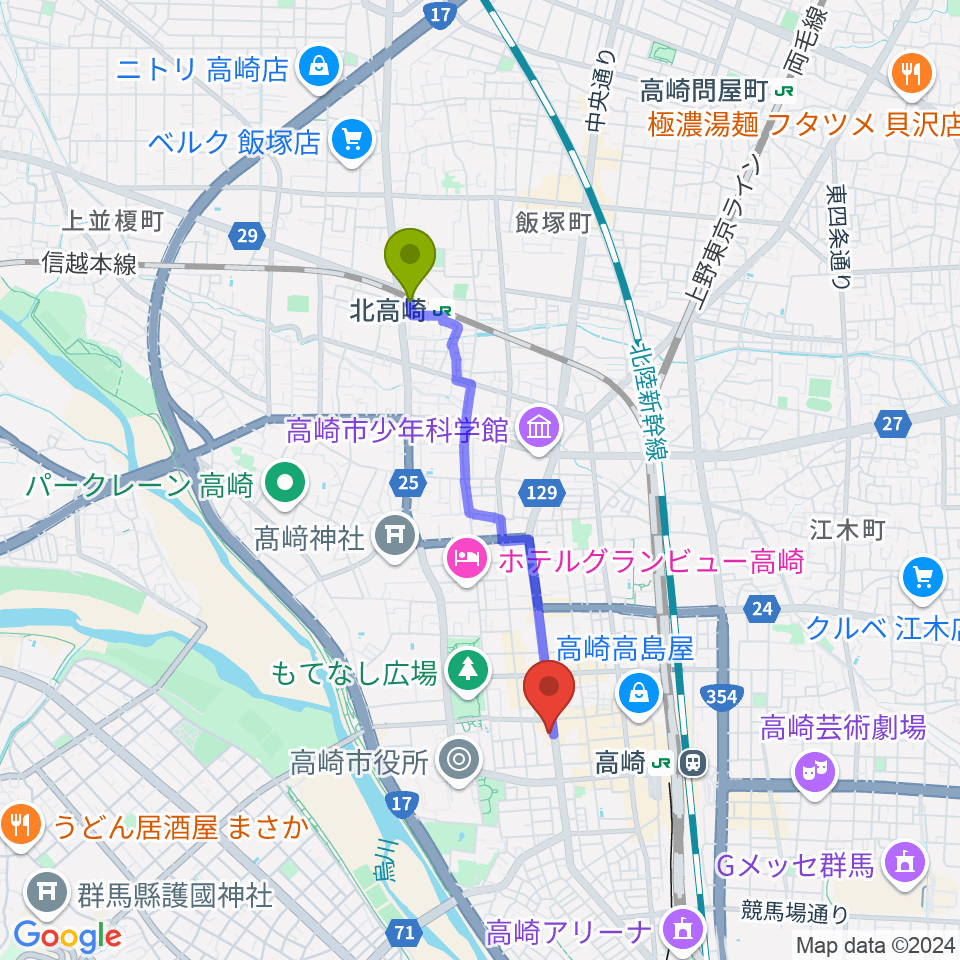 北高崎駅からシネマテークたかさきへのルートマップ地図