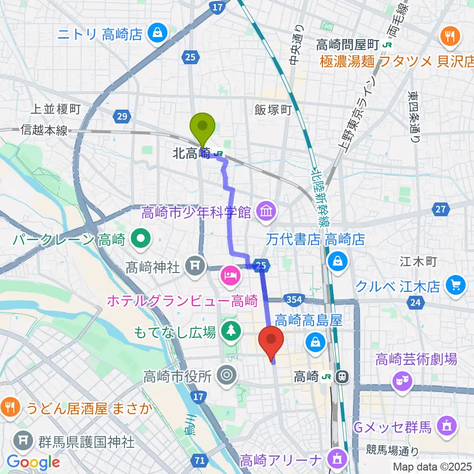 北高崎駅からシネマテークたかさきへのルートマップ地図