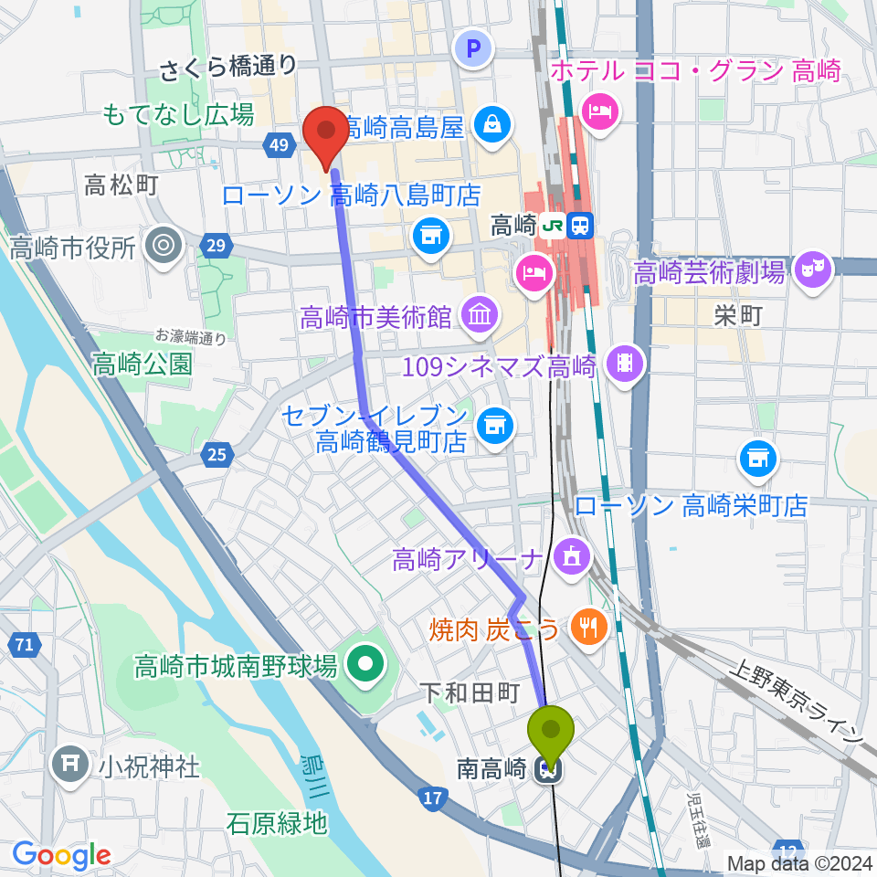 南高崎駅からシネマテークたかさきへのルートマップ地図