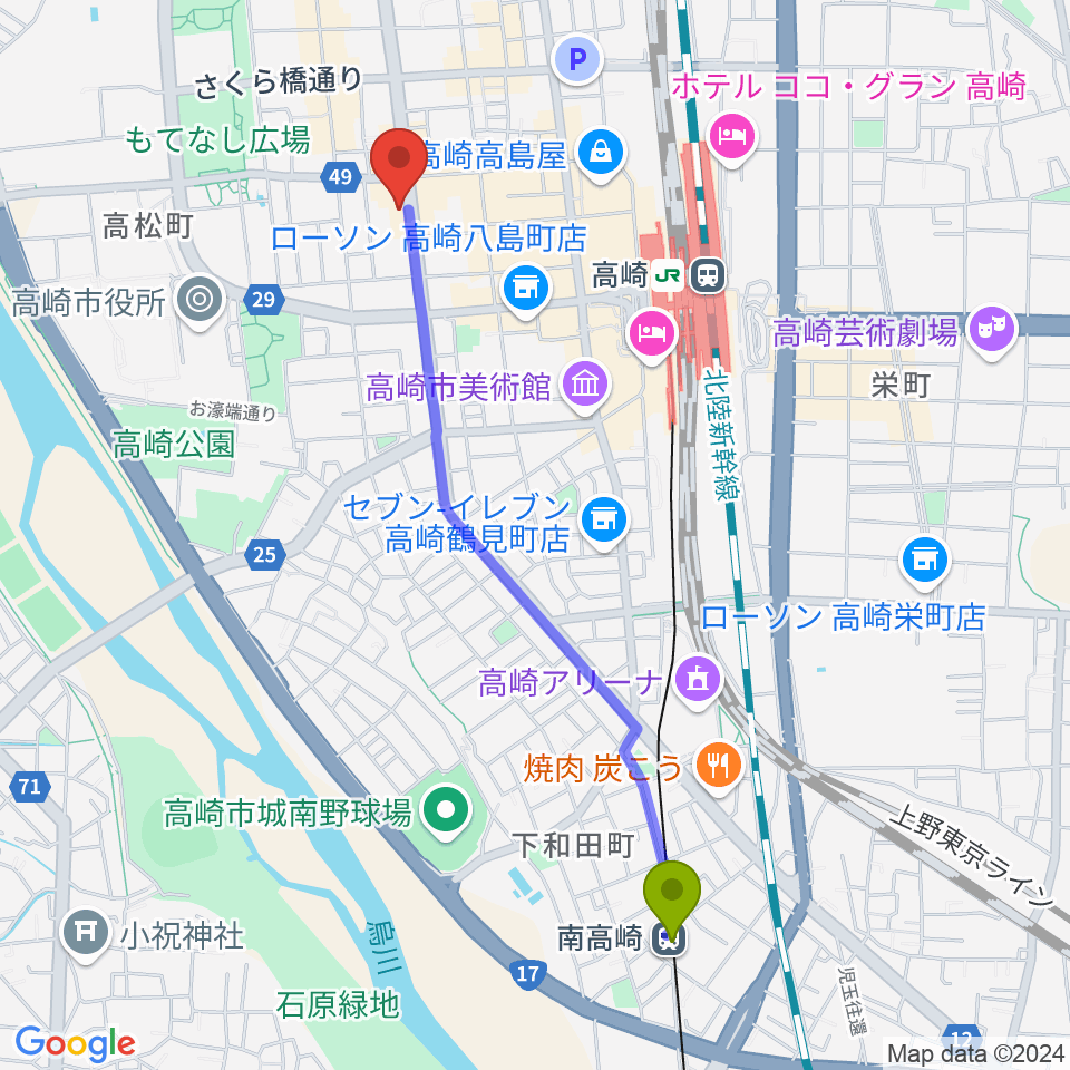 南高崎駅からシネマテークたかさきへのルートマップ地図