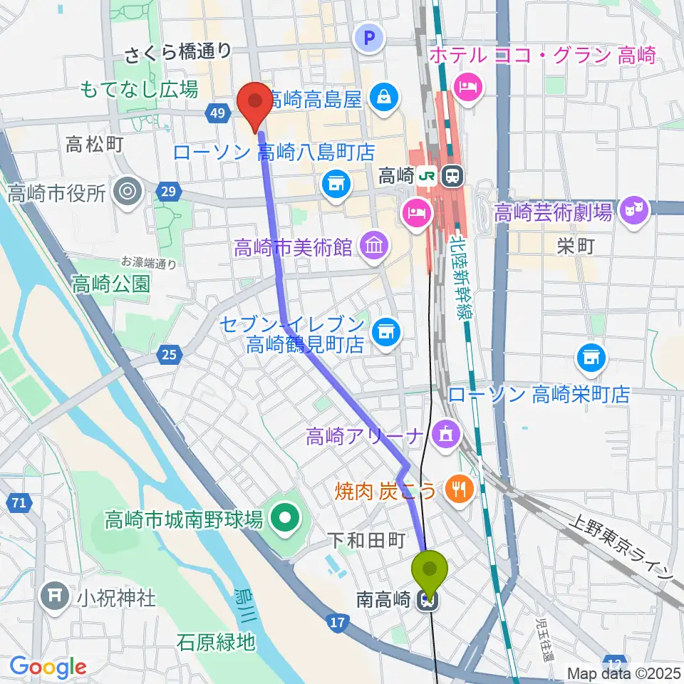 南高崎駅からシネマテークたかさきへのルートマップ地図