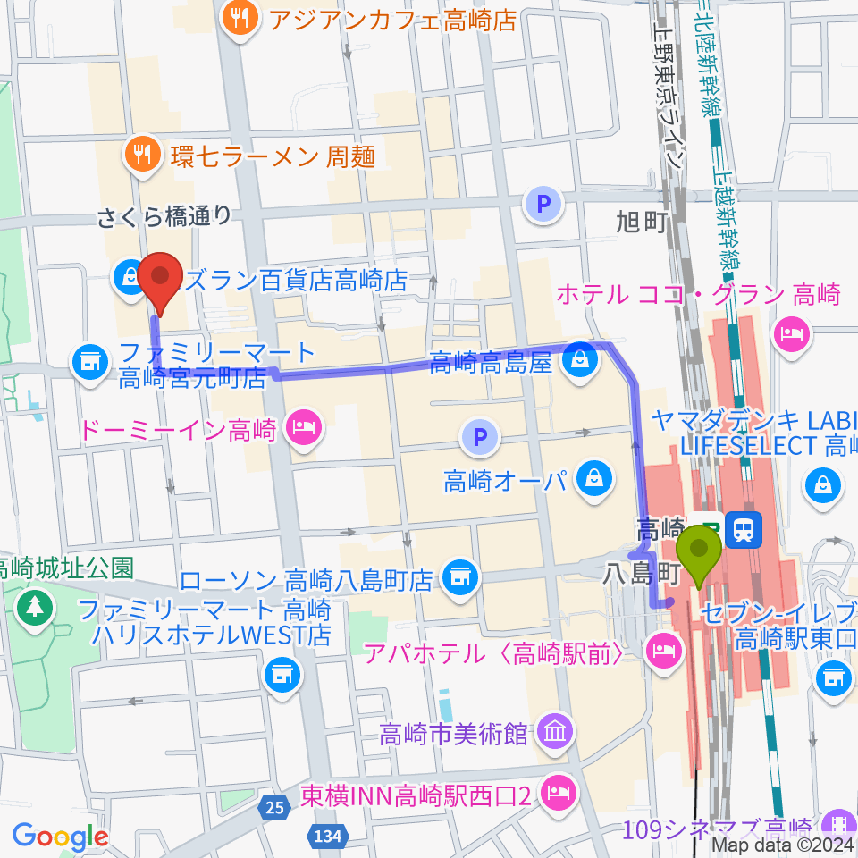 高崎 cafeあすなろの最寄駅高崎駅からの徒歩ルート（約11分）地図