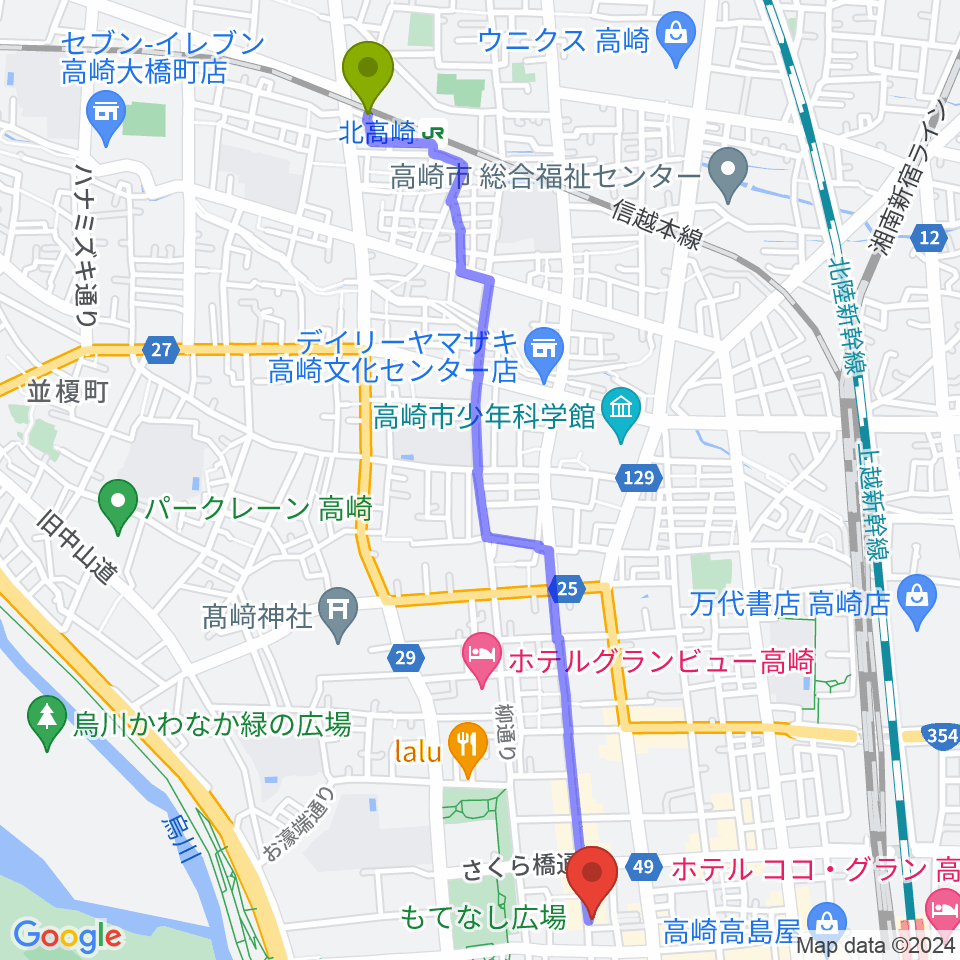 北高崎駅から高崎 cafeあすなろへのルートマップ地図