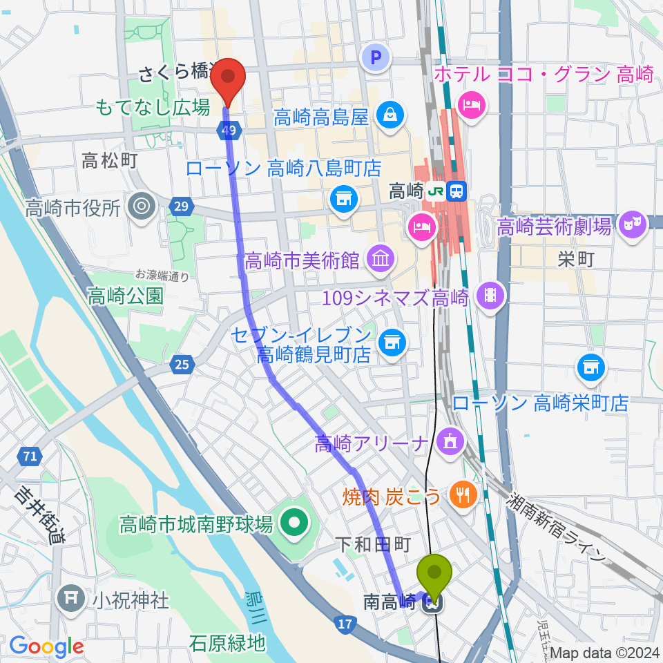 南高崎駅から高崎 cafeあすなろへのルートマップ地図