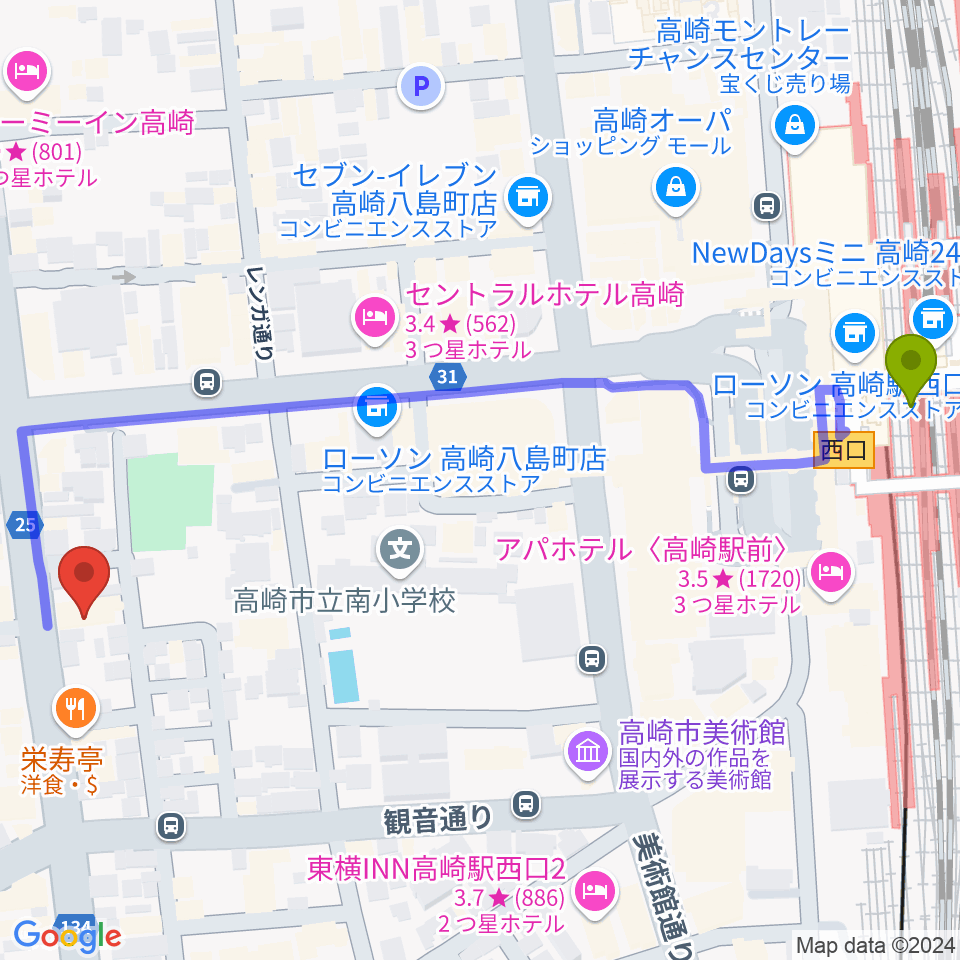 TAGO STUDIO TAKASAKIの最寄駅高崎駅からの徒歩ルート（約7分）地図