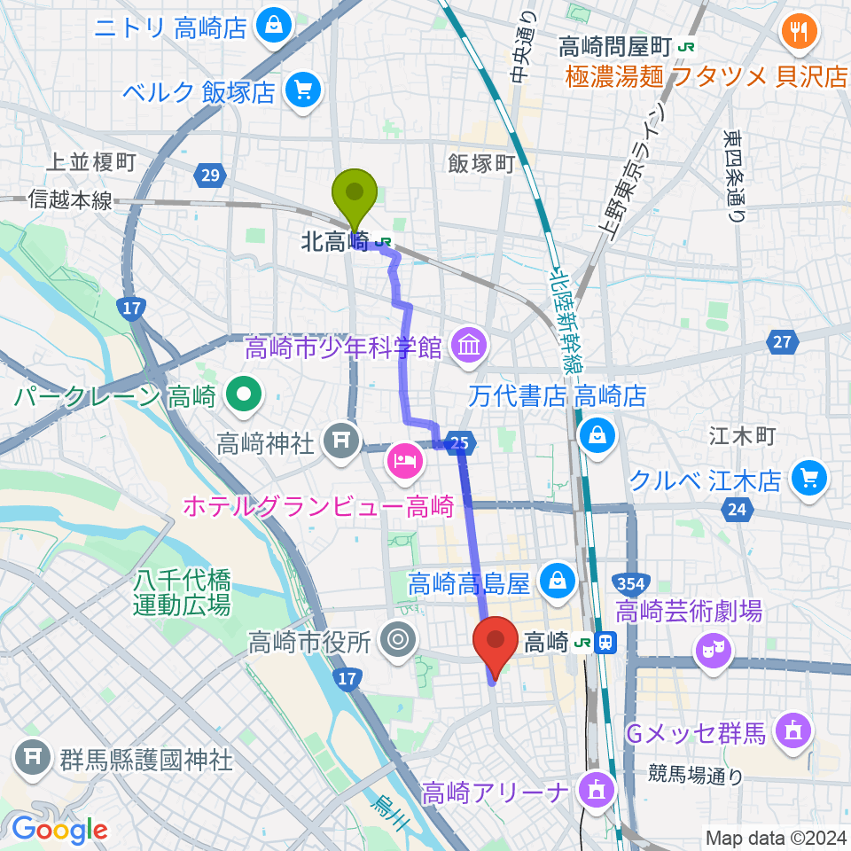 北高崎駅からTAGO STUDIO TAKASAKIへのルートマップ地図