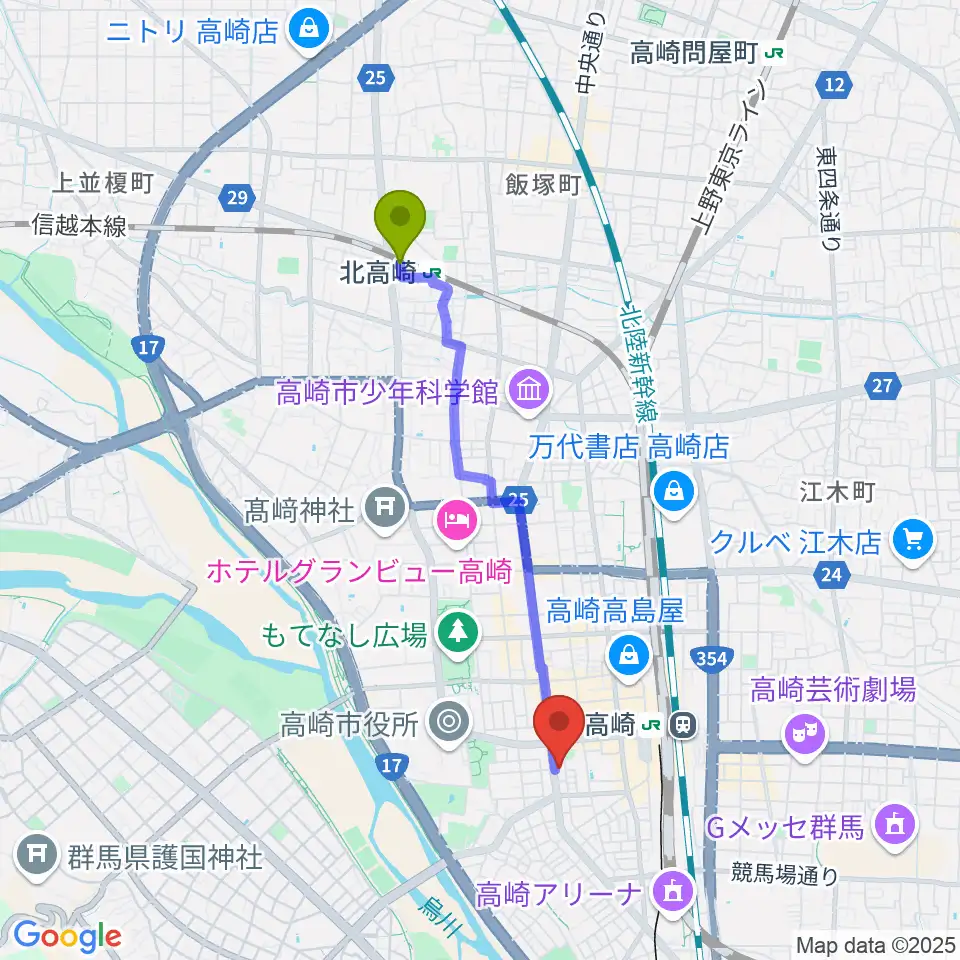 北高崎駅からTAGO STUDIO TAKASAKIへのルートマップ地図