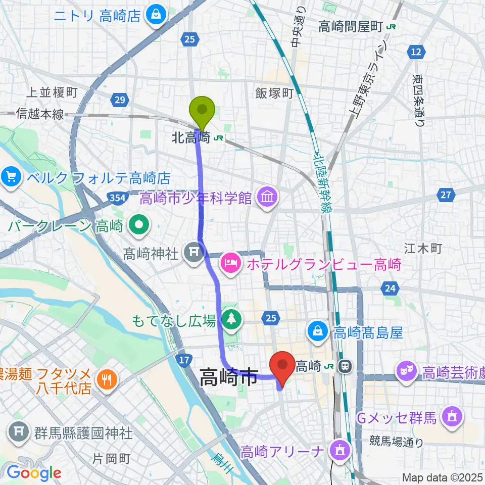 北高崎駅からTAGO STUDIO TAKASAKIへのルートマップ地図