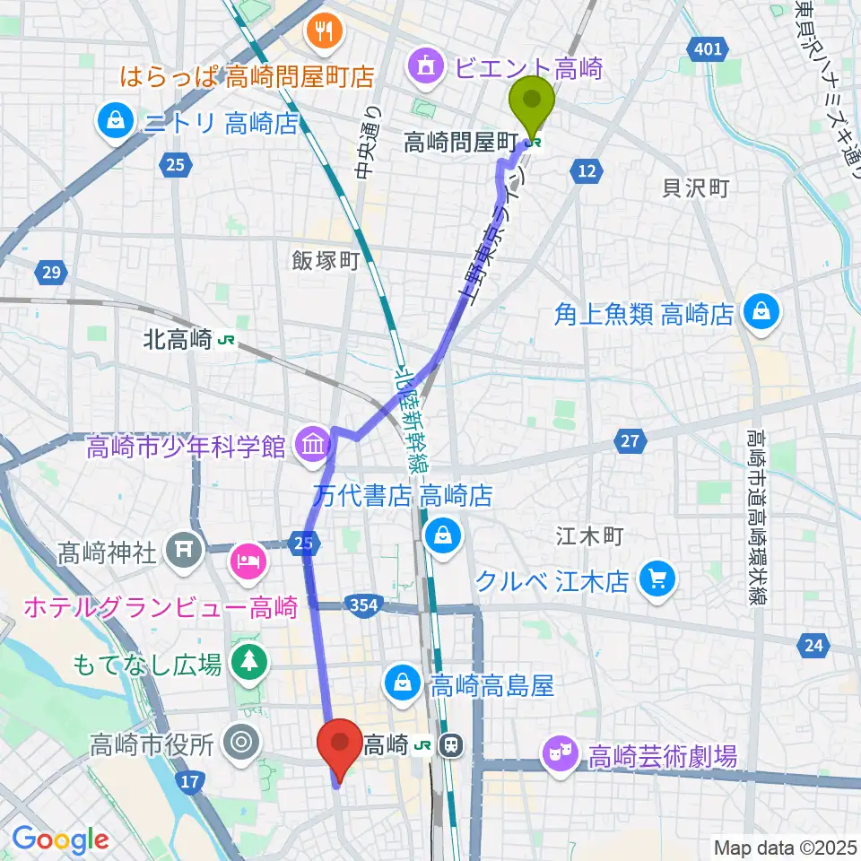高崎問屋町駅からTAGO STUDIO TAKASAKIへのルートマップ地図