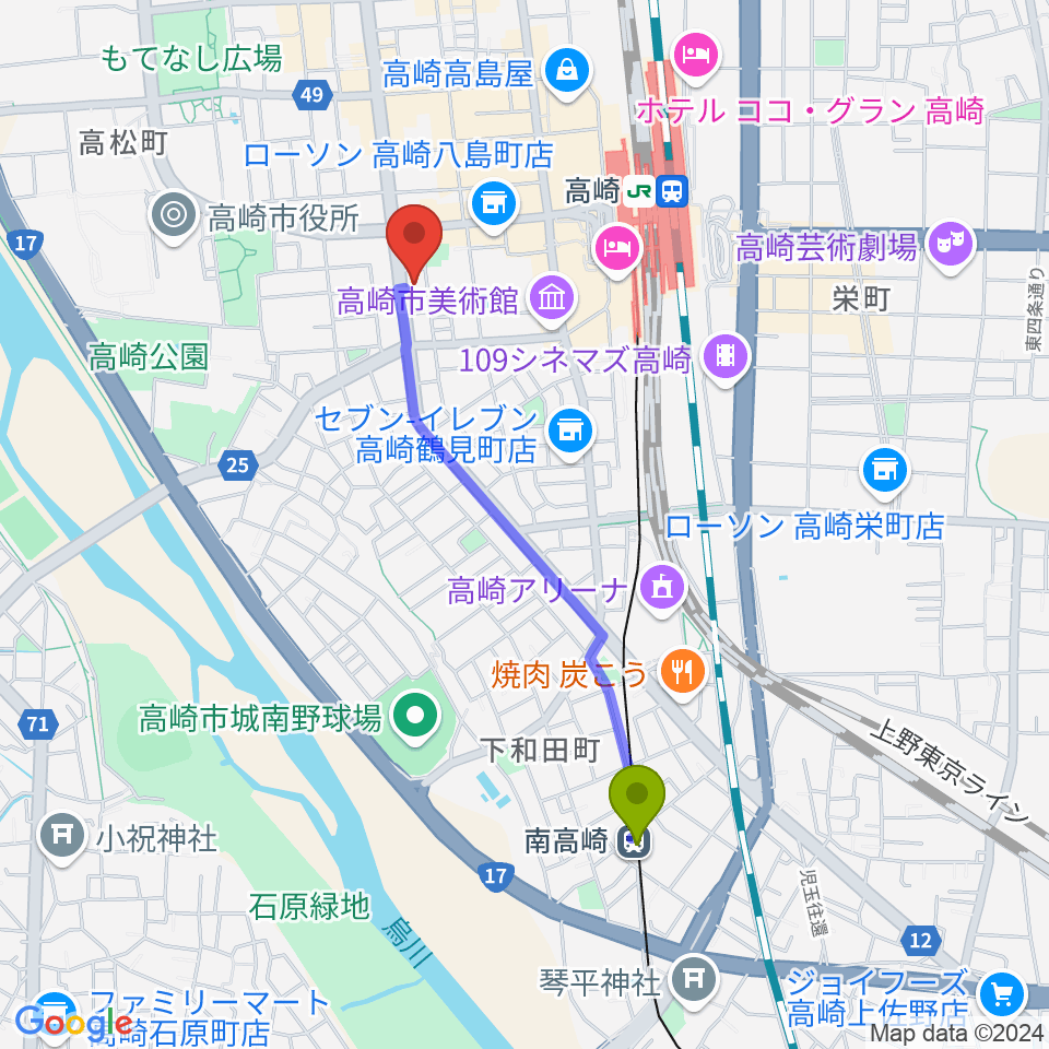 南高崎駅からTAGO STUDIO TAKASAKIへのルートマップ地図