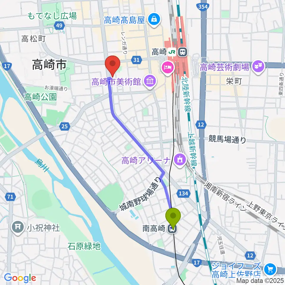 南高崎駅からTAGO STUDIO TAKASAKIへのルートマップ地図