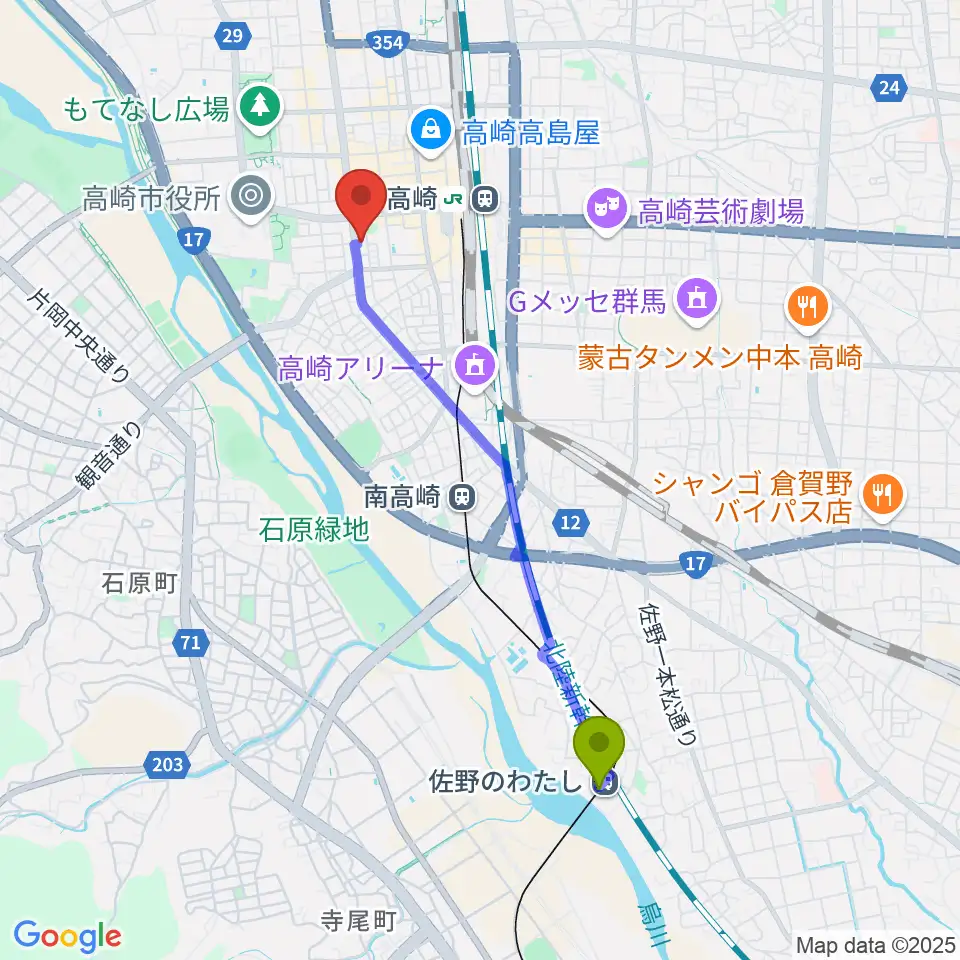 佐野のわたし駅からTAGO STUDIO TAKASAKIへのルートマップ地図