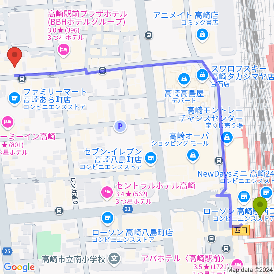 群馬サンバーストの最寄駅高崎駅からの徒歩ルート（約8分）地図