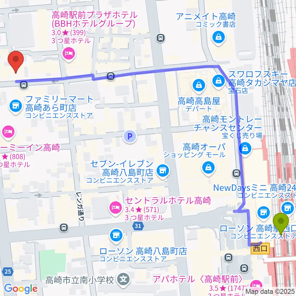 群馬サンバーストの最寄駅高崎駅からの徒歩ルート（約8分）地図