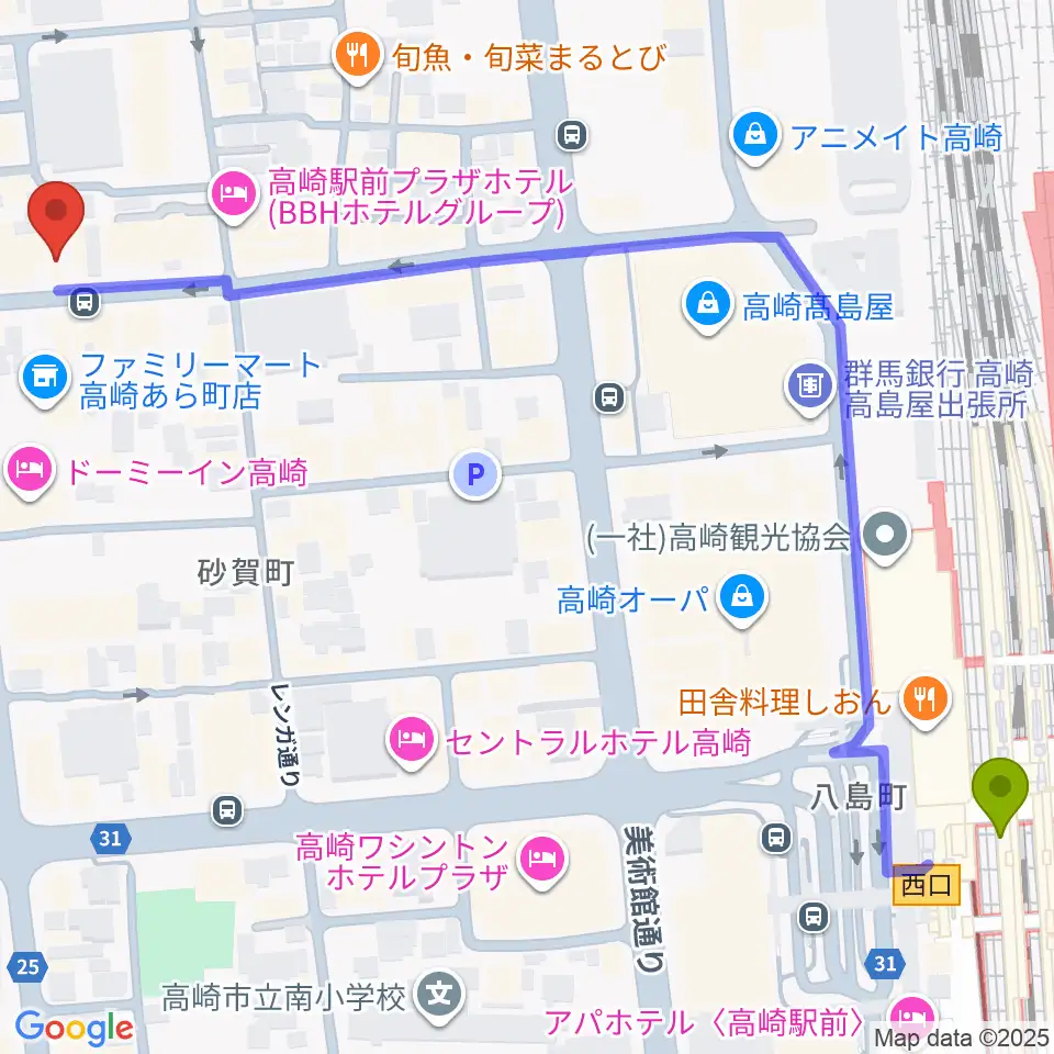 群馬サンバーストの最寄駅高崎駅からの徒歩ルート（約8分）地図