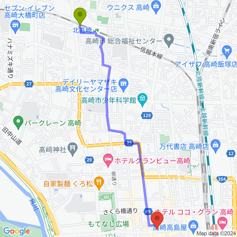 北高崎駅から群馬SUNBURSTへのルートマップ地図