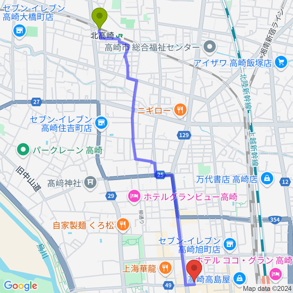 北高崎駅から群馬サンバーストへのルートマップ地図