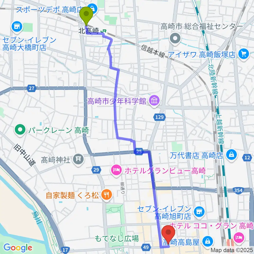 北高崎駅から群馬サンバーストへのルートマップ地図