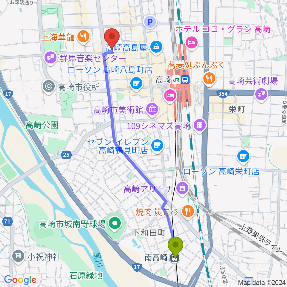 南高崎駅から群馬サンバーストへのルートマップ地図