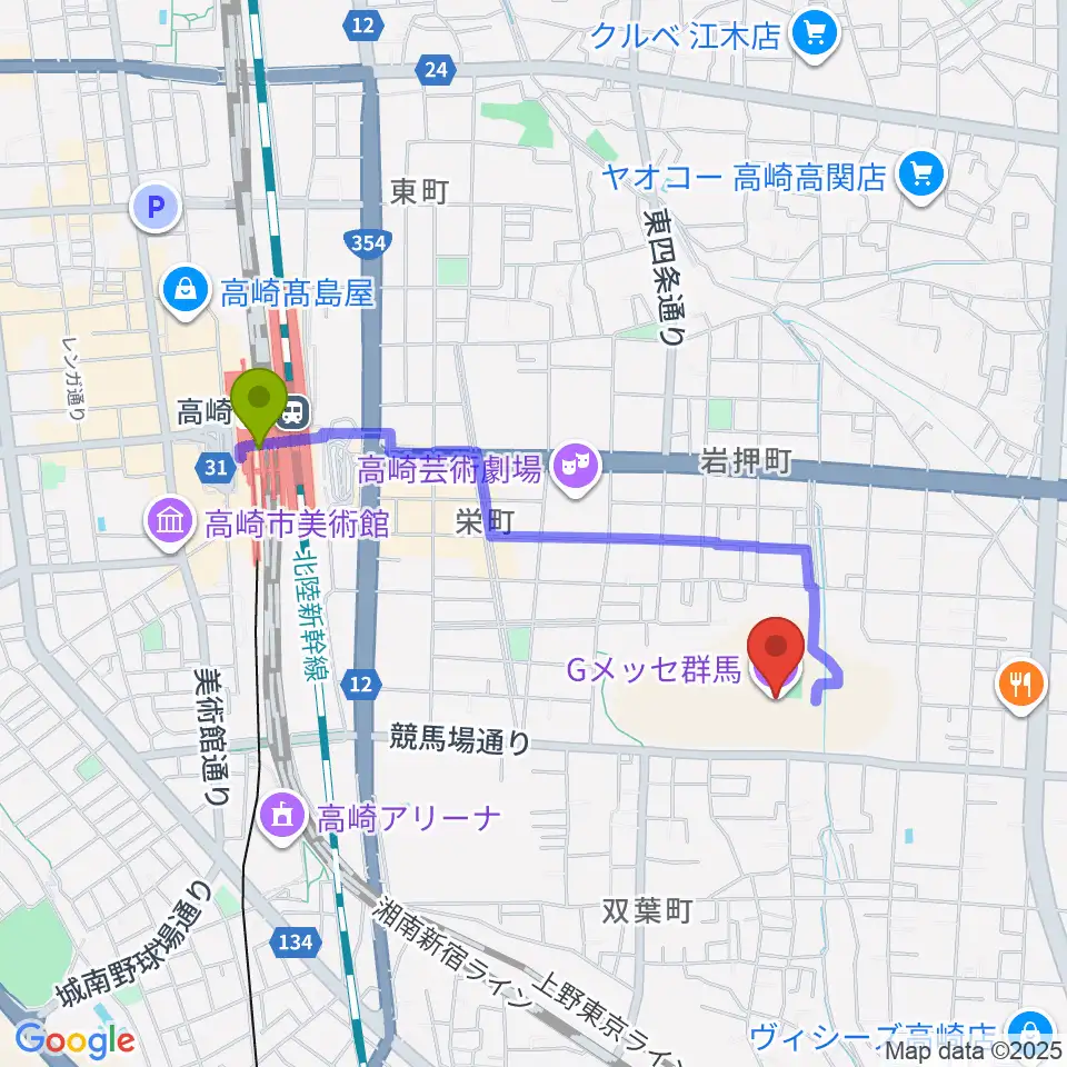 Gメッセ群馬の最寄駅高崎駅からの徒歩ルート（約16分） MDATA