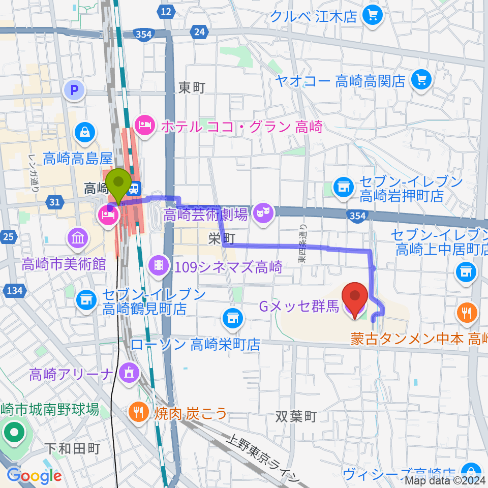 Gメッセ群馬の最寄駅高崎駅からの徒歩ルート（約17分）地図