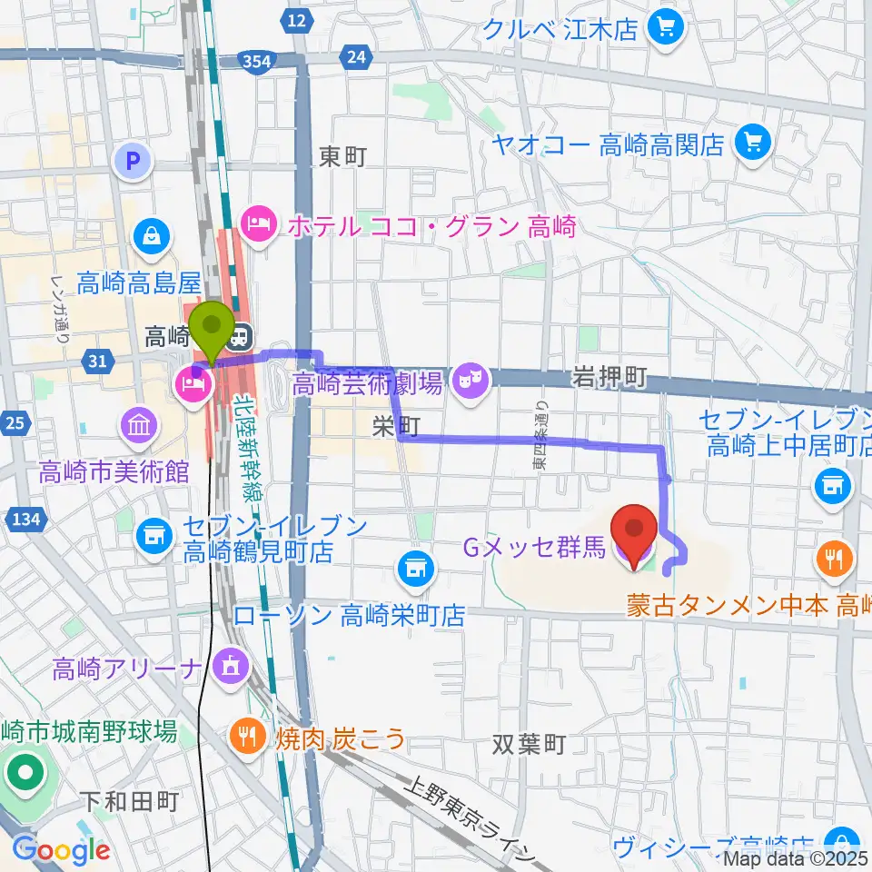 Gメッセ群馬の最寄駅高崎駅からの徒歩ルート（約17分）地図