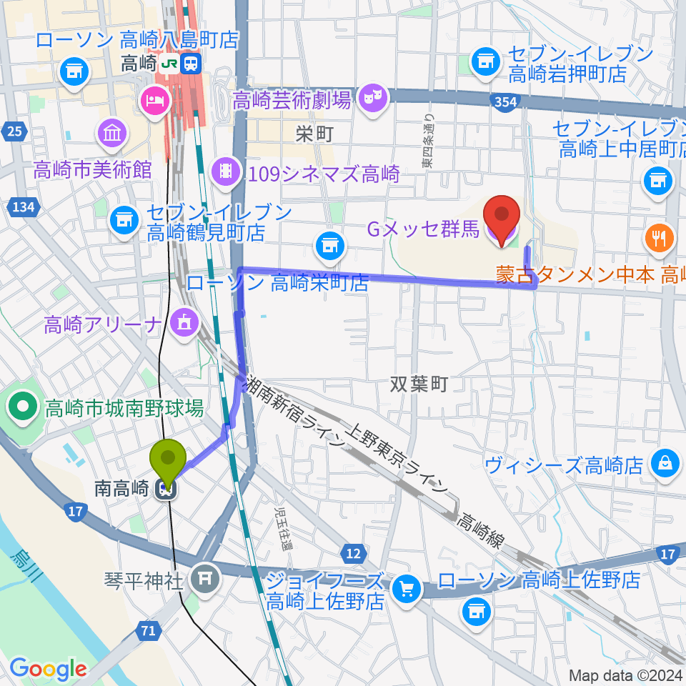 南高崎駅からGメッセ群馬へのルートマップ地図