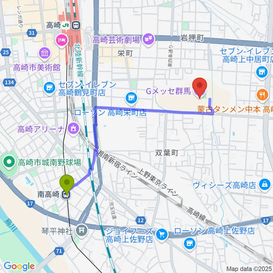 南高崎駅からGメッセ群馬へのルートマップ地図