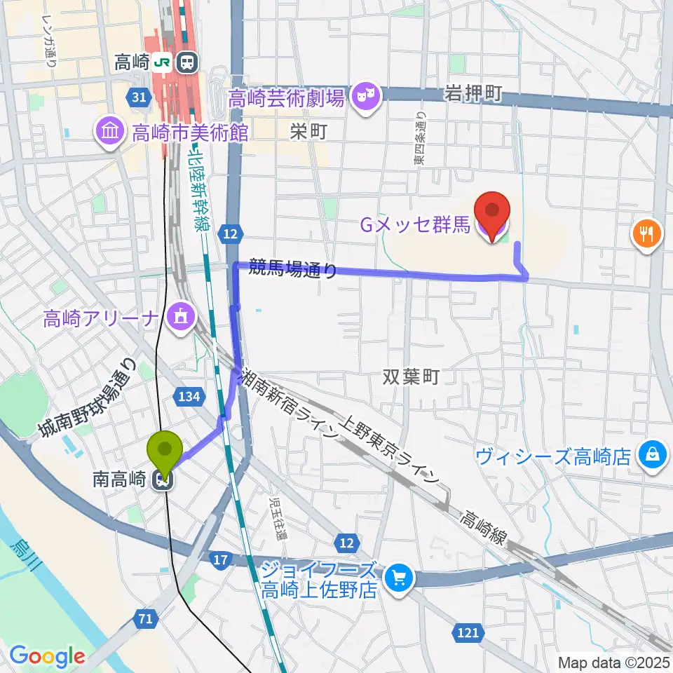 南高崎駅からGメッセ群馬へのルートマップ地図