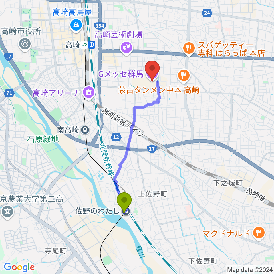 佐野のわたし駅からGメッセ群馬へのルートマップ地図