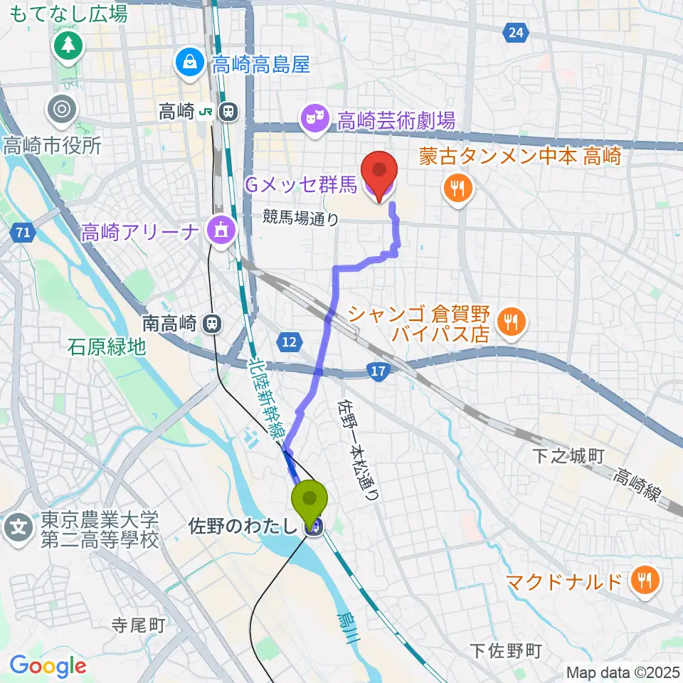 佐野のわたし駅からGメッセ群馬へのルートマップ地図