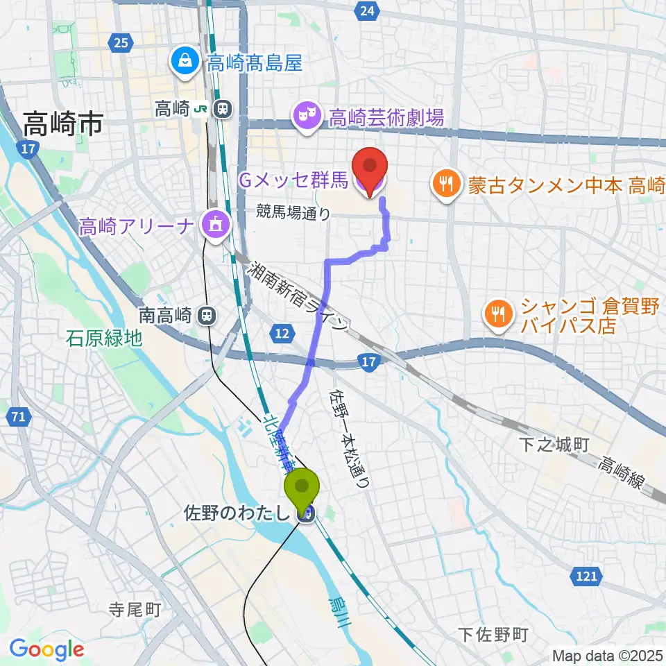 佐野のわたし駅からGメッセ群馬へのルートマップ地図