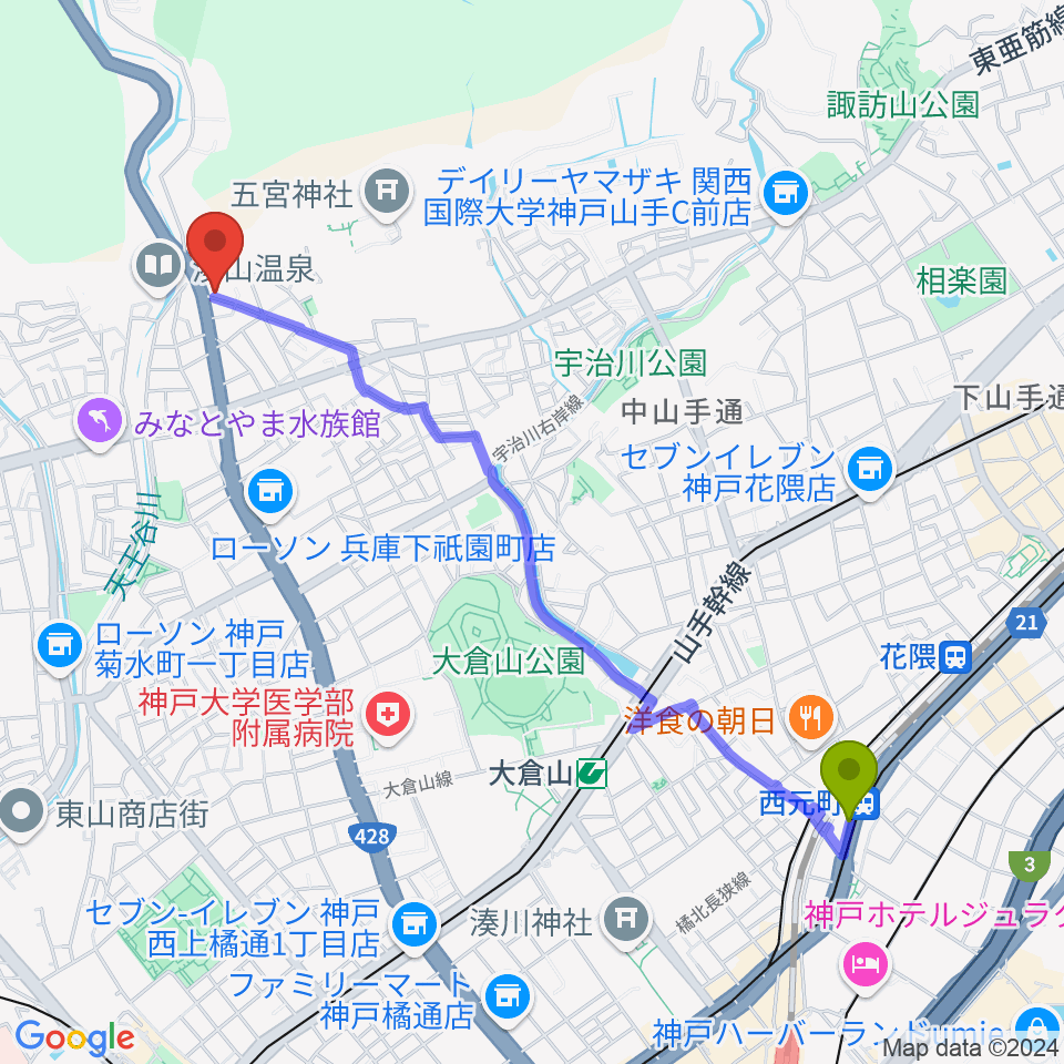 西元町駅から三原Jazz家庭教室へのルートマップ地図