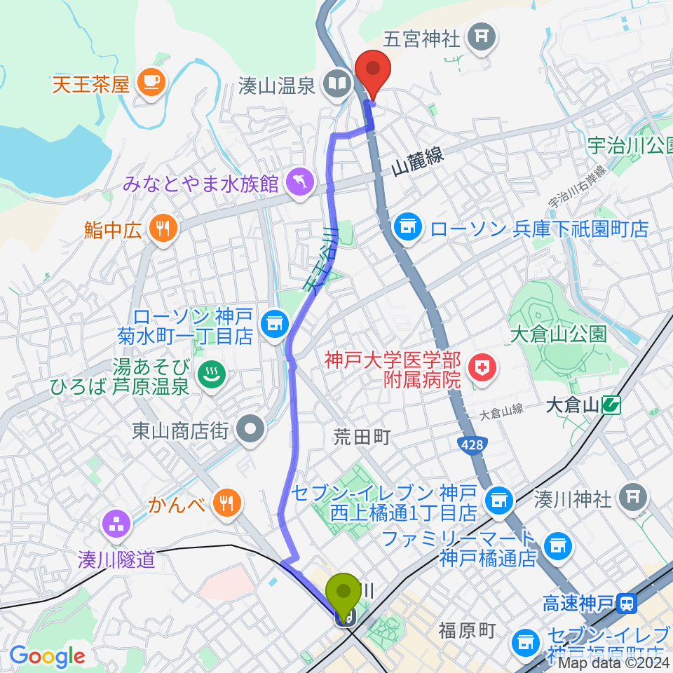 湊川駅から三原Jazz家庭教室へのルートマップ地図