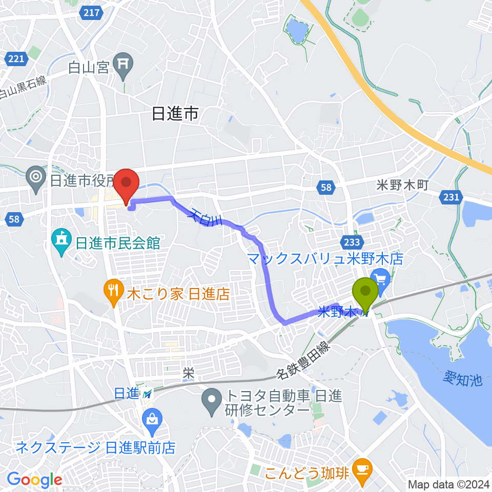 米野木駅からJ'z Studio本館へのルートマップ地図