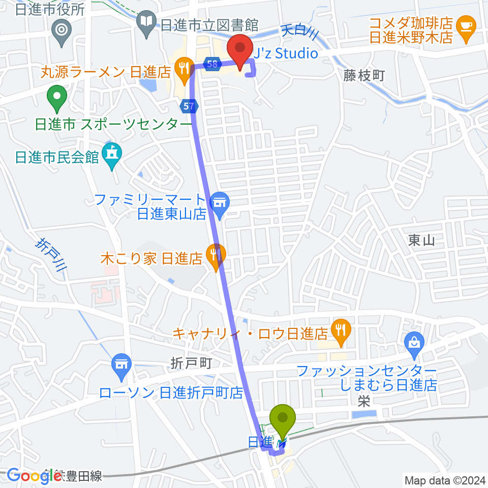 J'z Studio本館の最寄駅日進駅からの徒歩ルート（約24分）地図