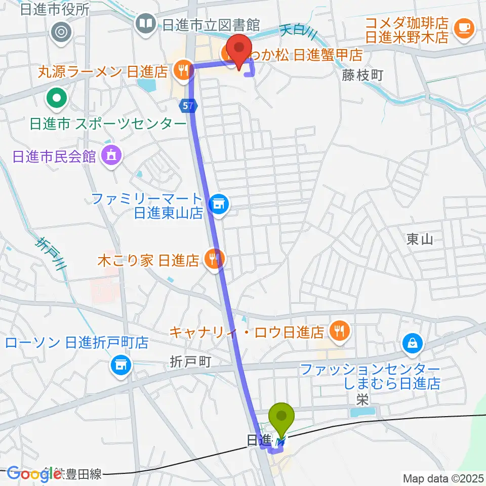 J'z Studio本館の最寄駅日進駅からの徒歩ルート（約24分）地図