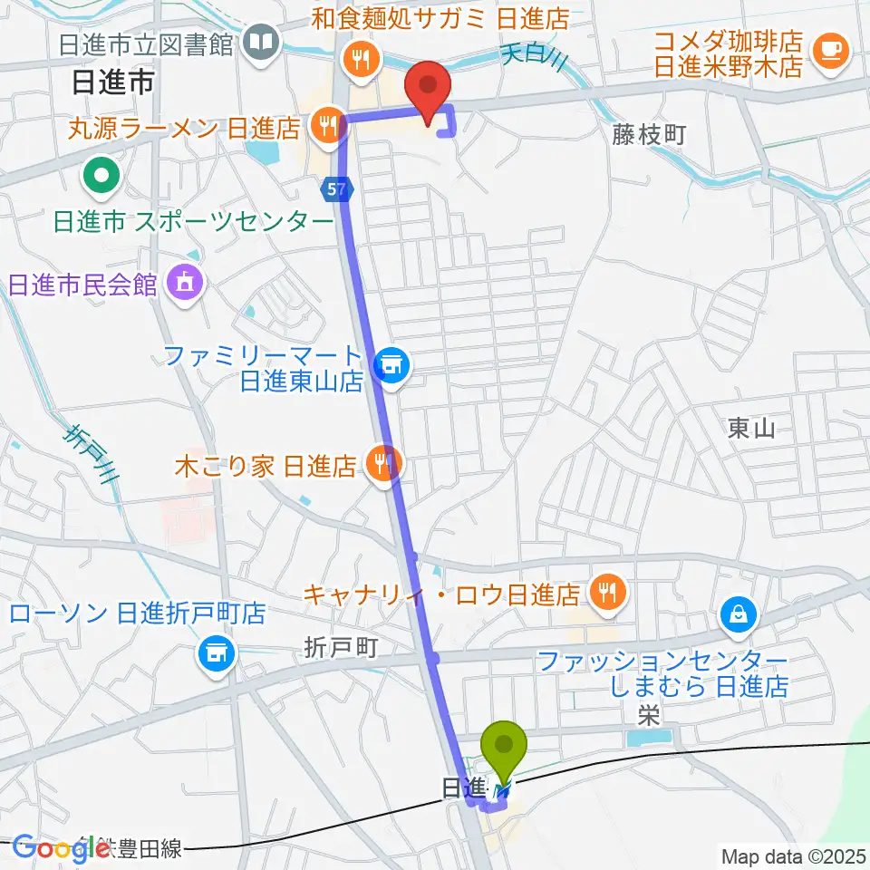 J'z Studio本館の最寄駅日進駅からの徒歩ルート（約24分）地図