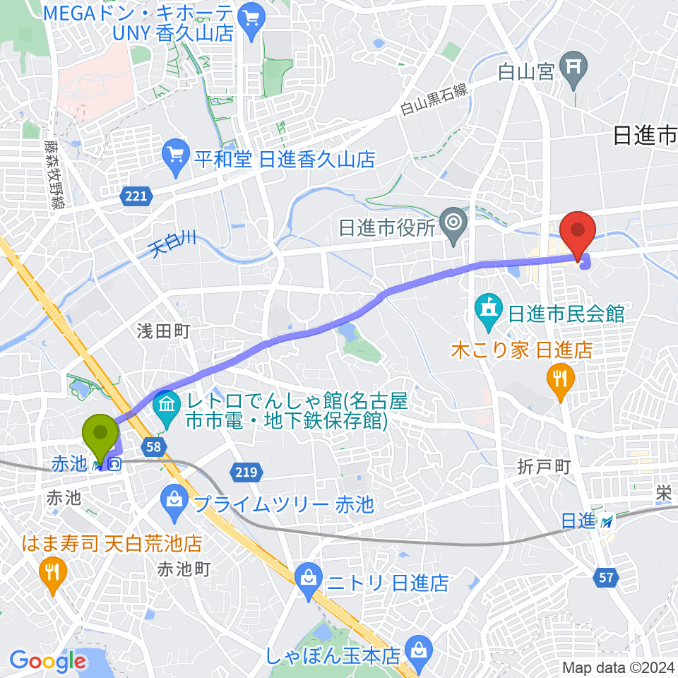 赤池駅からJ'z Studio本館へのルートマップ地図