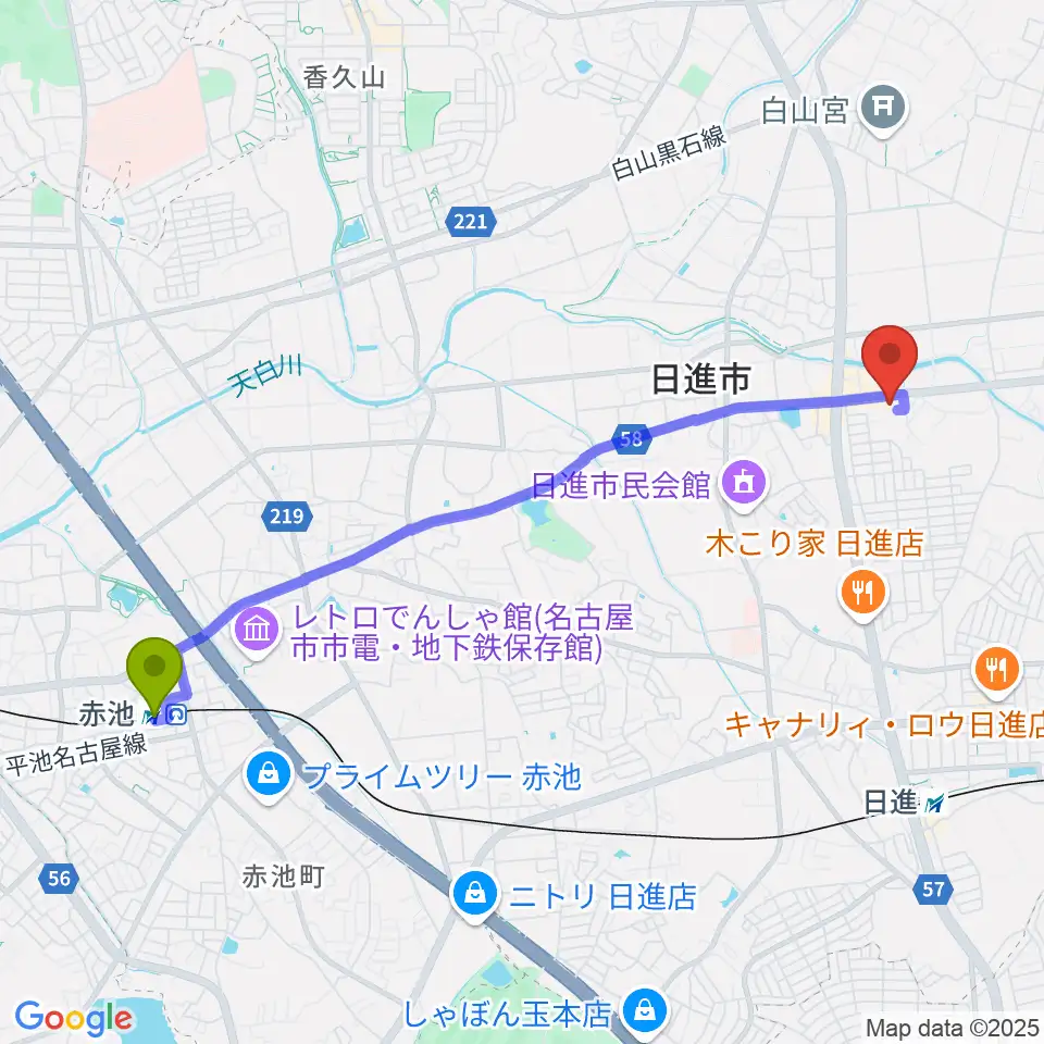 赤池駅からJ'z Studio本館へのルートマップ地図