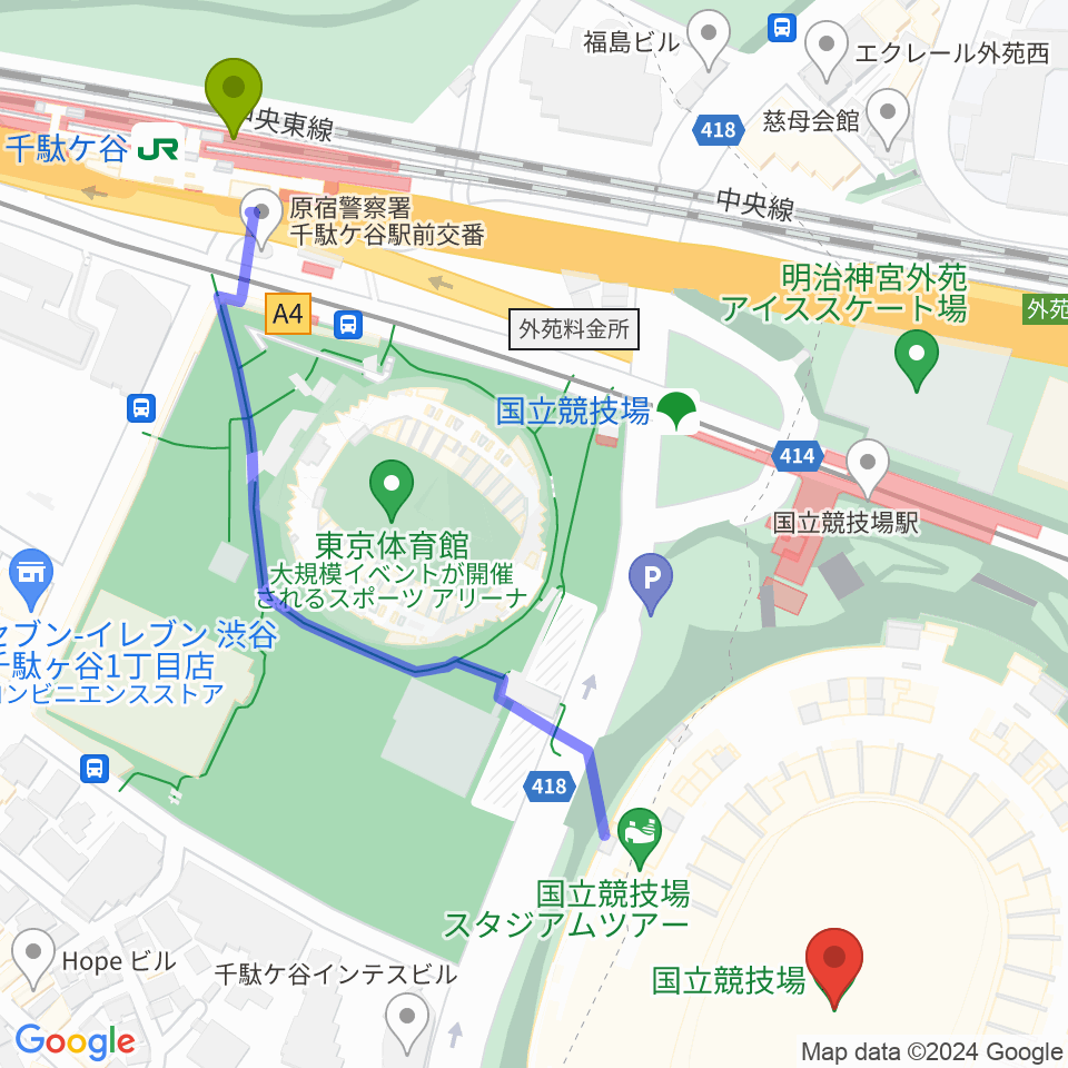 千駄ケ谷駅から国立競技場へのルートマップ地図