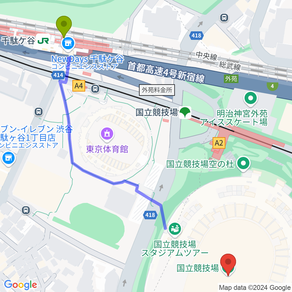 千駄ケ谷駅から国立競技場へのルートマップ地図